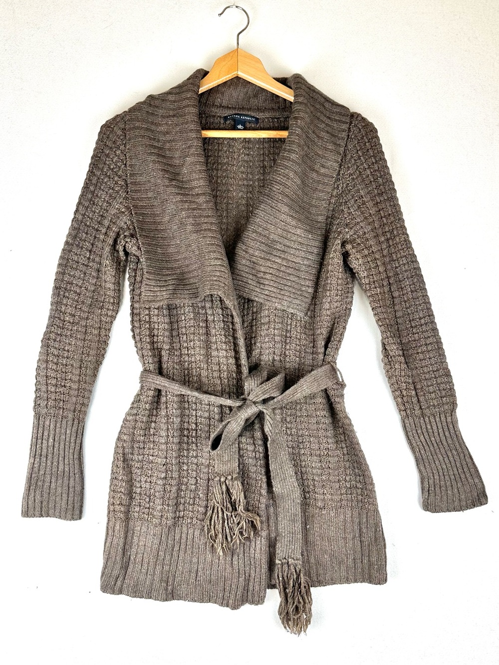 Banana Republic Shawl Waffle Long Cardigan Tie Waist Brown
